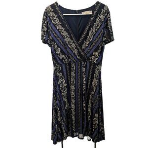 Ann Taylor LOFT Faux Wrap Dress, Size 12, Floral and Stripes Blue White Purple